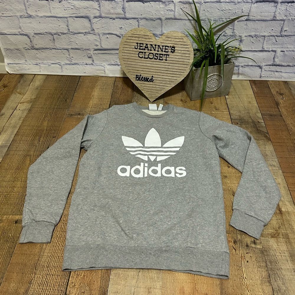 adidas Logo Graphic Sweatshirt XL 15/16 Fleece Grey/White Trefoil Logo